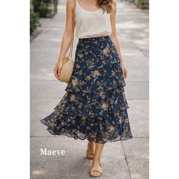 Maeve Dresses & Skirts - Maeve Anthropologie Skirt Size S Navy Floral Layered Ruffle Boho Feminine Summer